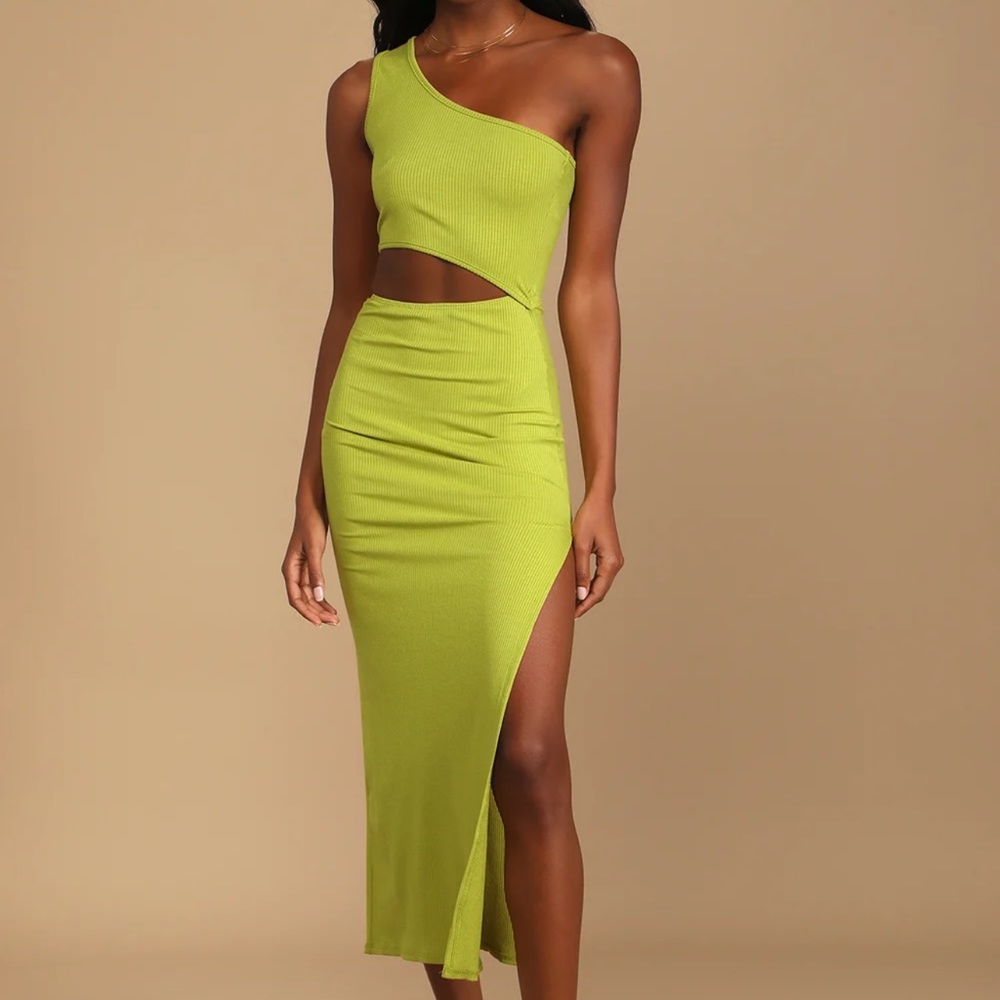 Lulus Lime Green Ribbed One-Shoulder Cutout Midi Dress